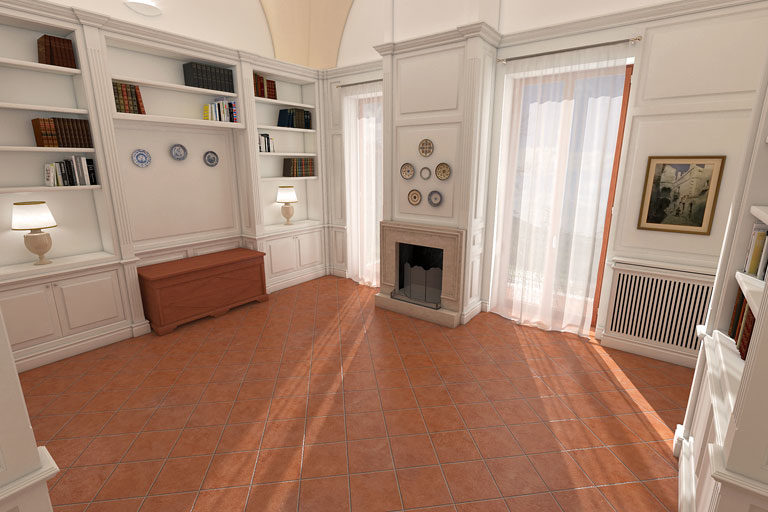boiserie ad angolo con inclusione di camino